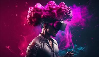 jong Mens gebruik makend van virtueel realiteit hoofdtelefoon. vr bril, futuristisch, technologie, online opleiding, opleiding, video spel concept. generatief ai. foto