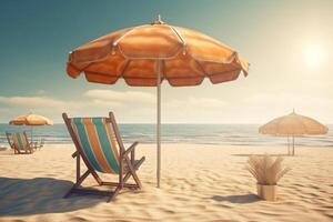 zomer strand door de zeestrand stoel en paraplu. generatief ai. foto