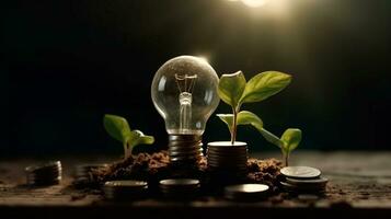energie besparing licht lamp en boom groeit Aan stapels van munten Aan natuur achtergrond. generatief ai. foto