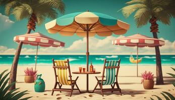 zomer strand door de zeestrand stoel en paraplu, zomer vakantie concept. generatief ai. foto