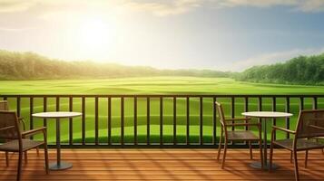 mooi buitenshuis terras en stoelen Aan de zonnig balkon keer bekeken met berg keer bekeken in de achtergrond. generatief ai. foto