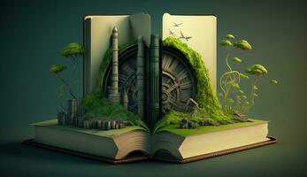 een Open fantasie boek illustratie Aan de tegenover kant van de oud industrieel ontwerp vervuilend met groen macht en veilig aarde. ai generatief. foto
