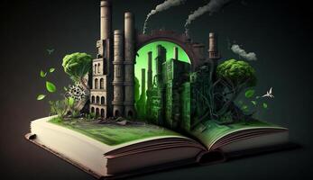 een Open fantasie boek illustratie Aan de tegenover kant van de oud industrieel ontwerp vervuilend met groen macht en veilig aarde. ai generatief. foto