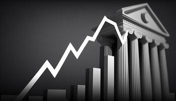 de bank icoon beeldt af een afbeelding van stijgende lijn interesseren tarieven Aan de dollar. geld symbool met naar boven uitgerekt pijl, winst, toenemen, inkomen economie. generatief ai. foto