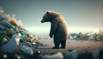 een reusachtig beer met een reusachtig stapel van afval. generatief ai. foto