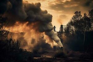 schoorsteen en zwart rook bovenstaand chemisch industrie Bij zonsondergang. ai generatief. foto