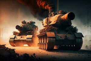 leger tank in de veld- van strijd, begrip van oorlog. ai generatief. foto