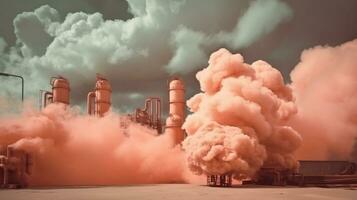 afbeeldingen van giftig rook van olie raffinaderijen, petrochemisch planten, aardolie, chemisch industrieën. generatief ai. foto