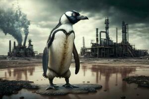 klein pinguïn staan in voorkant giftig massa van een chemisch. ai generatief. foto