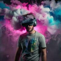 jong Mens gebruik makend van virtueel realiteit hoofdtelefoon. vr bril, futuristisch, technologie, online opleiding, opleiding, video spel concept. generatief ai. foto