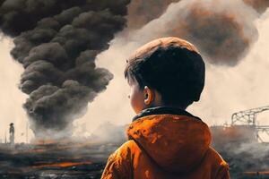 schilderij van een jongen staand aan het kijken een petrochemisch raffinaderij in de zonsopkomst. generatief ai. foto