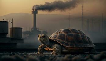 schildpad staat aan het kijken een petrochemisch raffinaderij Bij zonsopkomst. generatief ai. foto