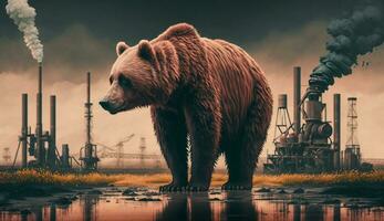 beer staat aan het kijken een petrochemisch raffinaderij Bij zonsopkomst. generatief ai. foto