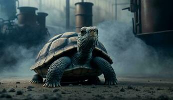 schildpad staat aan het kijken een petrochemisch raffinaderij Bij zonsopkomst. generatief ai. foto