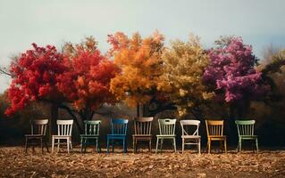 kleurrijk houten stoelen Aan de bord contrast met de achtergrond van kleurrijk bloemen en bomen. foto