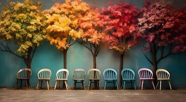 kleurrijk houten stoelen Aan de bord contrast met de achtergrond van kleurrijk bloemen en bomen. foto