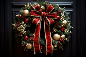 een prachtig bewerkte Kerstmis krans versierd met levendig ornamenten en een rood fluweel boog, presentatie van de traditioneel symbool van vakantie juichen en warmte. generatief ai foto