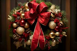 een prachtig bewerkte Kerstmis krans versierd met levendig ornamenten en een rood fluweel boog, presentatie van de traditioneel symbool van vakantie juichen en warmte. generatief ai foto
