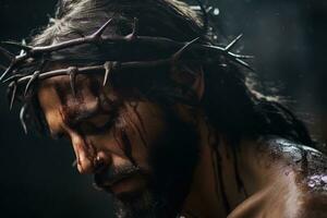 de moment wanneer Jezus is gekroond met doornen, markeren de pijn en vernedering. generatief ai foto