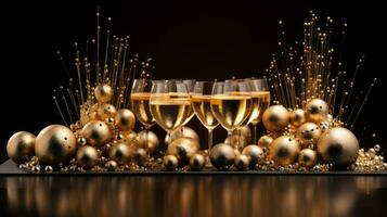 knallen Champagne flessen, gouden bubbels, en trapsgewijs Champagne bril, vastleggen de geest van viering en luxe voor een boeiend Kerstmis ontwerp. generatief ai foto