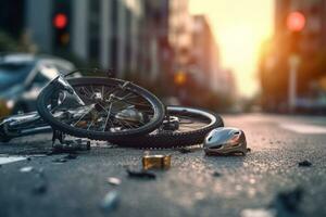 stedelijk tafereel met een fiets Botsing weg ongeluk aan het liegen Aan de grond, met gebroken fiets en helm in de midden- van de stad. fiets Botsing weg ongeluk . generatief ai foto