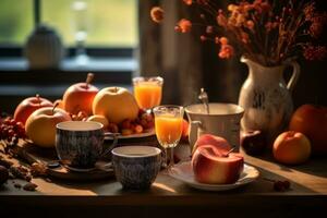 een rustiek tafel instelling met herfst-thema decor, inclusief pompoenen, appels, kleurrijk bladeren, en warm dranken, oproepen tot de knus sfeer van de seizoen. generatief ai foto