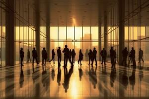 wazig silhouet van kantoor medewerkers in een modern minimaal bedrijf gebouw. generatief ai foto