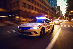 hoge snelheid achtervolging tafereel met een Politie auto achtervolgen criminelen door stad straten, overbrengen de opwinding en adrenaline van de achtervolging. generatief ai foto