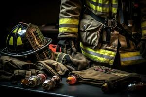 detailopname beeld van een brandweerman versnelling, scherpstellen Aan hun helm, handschoenen, laarzen, en hulpmiddelen, overbrengen de paraatheid en professionaliteit van de Brand blussen team. generatief ai foto