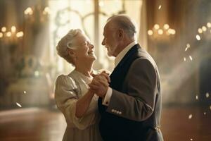 ouderling paar dansen met genade en elegantie, symboliseert de volhardend liefde en passie. generatief ai foto