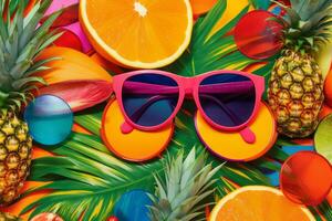 een levendig collage met stoutmoedig knal kunst elementen zo net zo palm bomen, te groot zonnebril, en kleurrijk exotisch fruit, vastleggen de energiek en tropisch geest van zomer. generatief ai foto