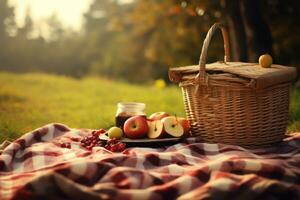 herfst picknick tafereel met een geruit deken, picknick mand, en vallen fruit, weggaan ruimte voor promotionele of inspirerend tekst. generatief ai foto