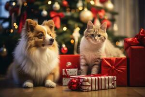 een charmant beeld met huisdieren interactie met Kerstmis cadeaus onder de boom, afbeelden de inclusie van harig familie leden in de vakantie festiviteiten. generatief ai foto