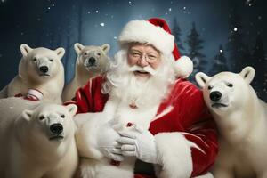 een speels beeld van de kerstman claus omringd door polair beer mascottes, vieren de unie van twee geliefde vakantie pictogrammen. generatief ai foto