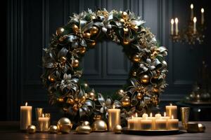 een minimalistische zwart kamer met een focus Aan een verbijsterend goud Kerstmis krans hangende Aan de muur, toevoegen een tintje van feestelijk elegantie naar de ruimte. generatief ai foto
