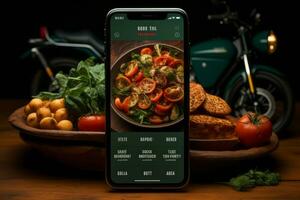 voedsel levering Diensten boodschappen doen online met mobiel app apparaat Aan smartphone. elk onderhoud is afgebeeld net zo doeltreffend en betrouwbaar, met een naadloos bestellen werkwijze gebruik makend van mobiel apps. generatief ai foto