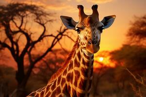 bevallig giraffe tegen de Afrikaanse zonsondergang, haar lang nek elegant verlengd, met de warm tinten van de lucht en de silhouet van acacia bomen in de achtergrond. generatief ai foto