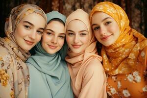 moslim Dames van divers achtergronden vervelend verschillend hijab stijlen, vieren de verscheidenheid van tradities binnen Islam. generatief ai foto