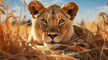 majesteit van een leeuwin resting in de gouden savanne gras, met een backdrop van acacia bomen en de Afrikaanse wildernis. generatief ai foto