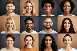 collage van multicultureel etnisch verschillend mensen modern portretten van Dames en Mens, op zoek in voorkant van camera. generatief ai foto