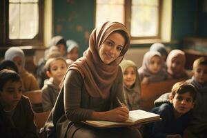 een moslim vrouw onderwijs een verschillend groep van studenten, presentatie van haar rol net zo een opvoeder en haar bijdrage naar vormgeven toekomst generaties. generatief ai foto