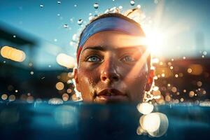 competitief zwemmer reflectie in de kalmte water van de zwembad, net zo ze staan Aan de aan het zwembad. vastleggen de symmetrie en kalmte van de moment voordat de ras begint. generatief ai foto