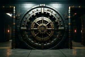 zwaar en imposant bank gewelf deur, symboliseert veiligheid, veiligheid, en bescherming van waardevol middelen. generatief ai foto