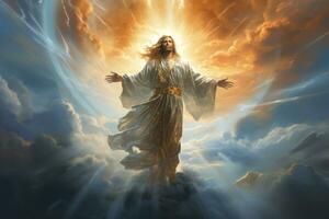 Jezus Christus omhuld in een kolken van lichtgevend wolken, stijgende lijn naar de hemelen met armen voorzichtig verlengd, uitstralend een zin van sereen verhoging. generatief ai foto