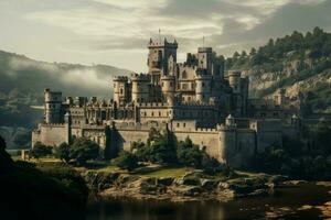 middeleeuws kasteel geassocieerd met de ridders tempelier, gehuld in een aura van mysterie en geschiedenis. generatief ai foto