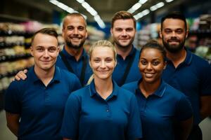 reclame portret schot van een supermarkt personeel team staand samen in een supermarkt en ze kijken Bij de camera. generatief ai foto