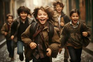 pre-adolescent jongens en meisjes gaan naar school- en lachend. generatief ai foto