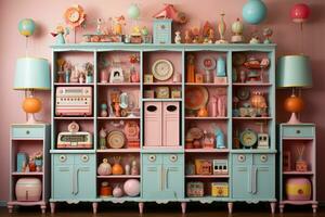 een beeld van een minutieus ontworpen Pastelkleurige kamer versierd met wijnoogst speelgoed, belichamen de grillig essence van barbiecore stijlvol. generatief ai foto