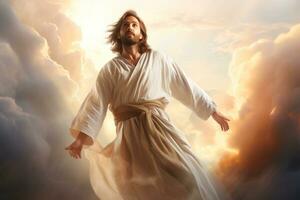 Jezus Christus stijgt naar hemel verlichte door een straal van licht in een lucht met pastel gekleurde wolken. generatief ai foto