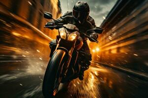 motorfietsen krachtig motor en de van de rijder intens focus, belichamen de adrenaline van hoge snelheid rijden. generatief ai foto